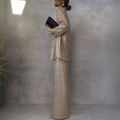 Luvik | Naisten Kiiltävä Bleiseripuku leveillä lahkeilla ja kimaltelevilla paljeteilla