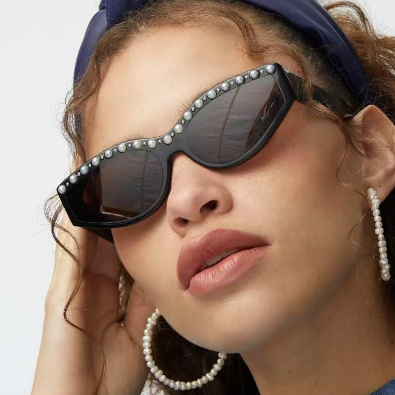 Dame Cat-Eye solbriller med glitrende rhinestones og dyremønster Luvikno