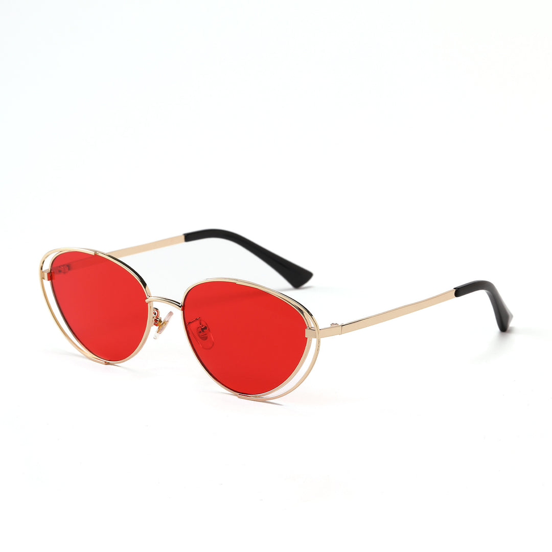 Dame geometrisk solbrille med rødt glass og elegant metallramme Luvikno