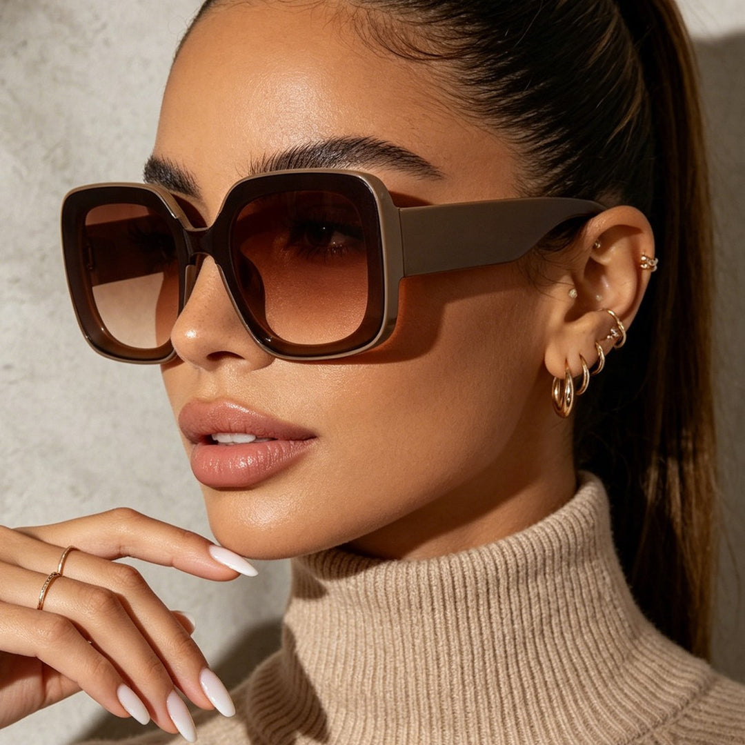 Dame firkantet solbrille med innovativt transparent rammedesign Luvikno
