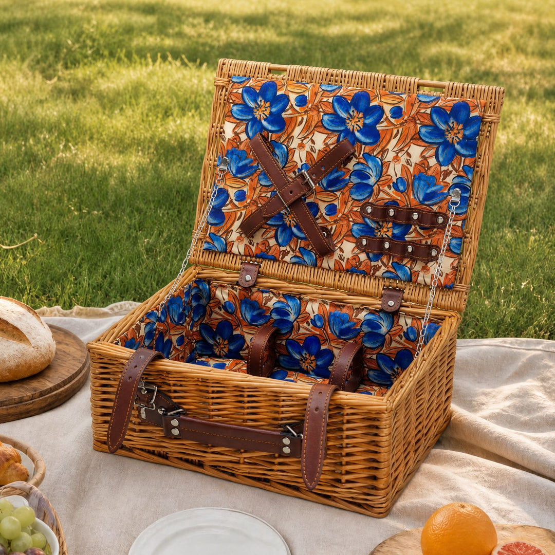 Dames luksus piknikkurv med offset tallerkenrom og blomstrede fôr Luvikno