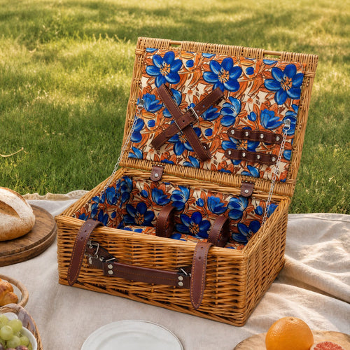 Dames luksus piknikkurv med offset tallerkenrom og blomstrede fôr Luvikno