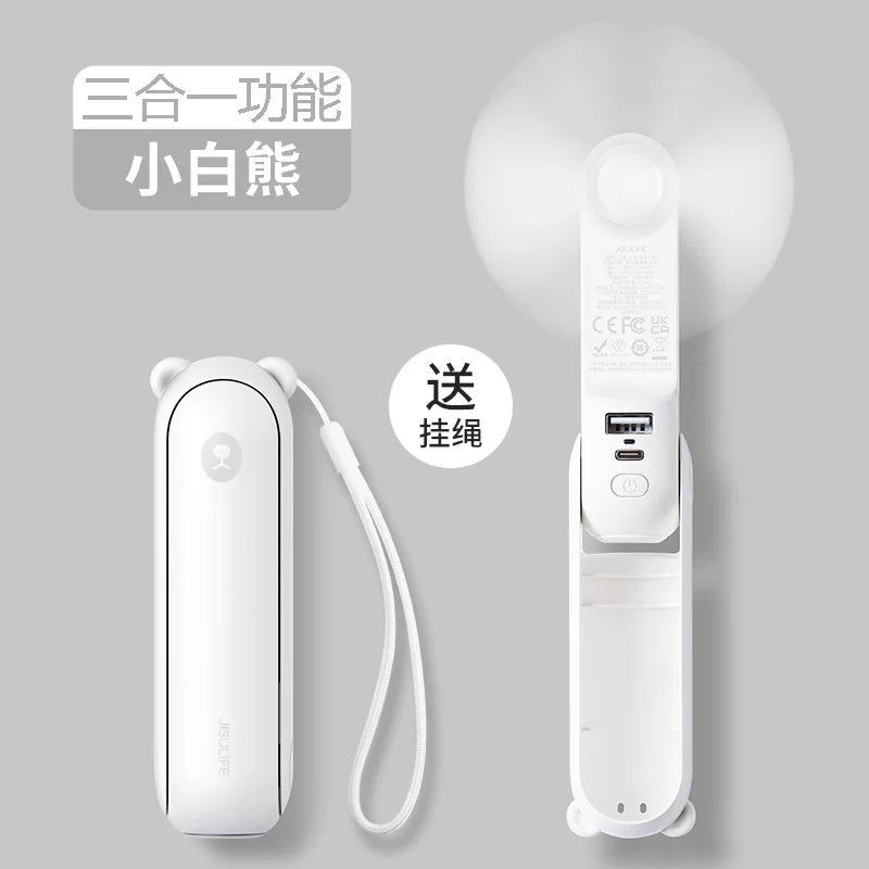 Unisex en størrelse sammenleggbar oppladbar trippel håndholdt mini vifte med innebygd powerbank USB-C og USB-A tilkoblinger samt håndleddsstropp Luvikno