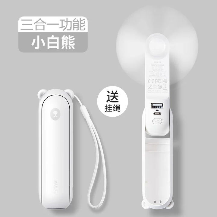 Unisex en størrelse sammenleggbar oppladbar trippel håndholdt mini vifte med innebygd powerbank USB-C og USB-A tilkoblinger samt håndleddsstropp Luvikno