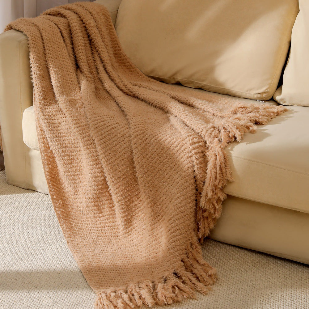 Kvinnens strikkede teppe med mykeste fleece og dekorative frynser Luvikno