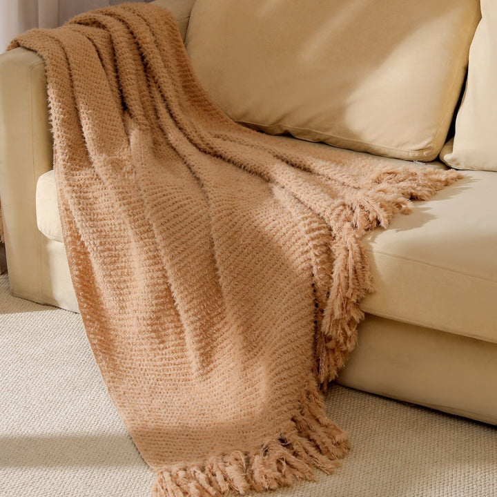 Kvinnens strikkede teppe med mykeste fleece og dekorative frynser Luvikno