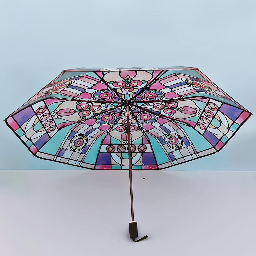 Damer Sammenleggbart paraply med kunstnerisk glassvindu-motiv Luvikno