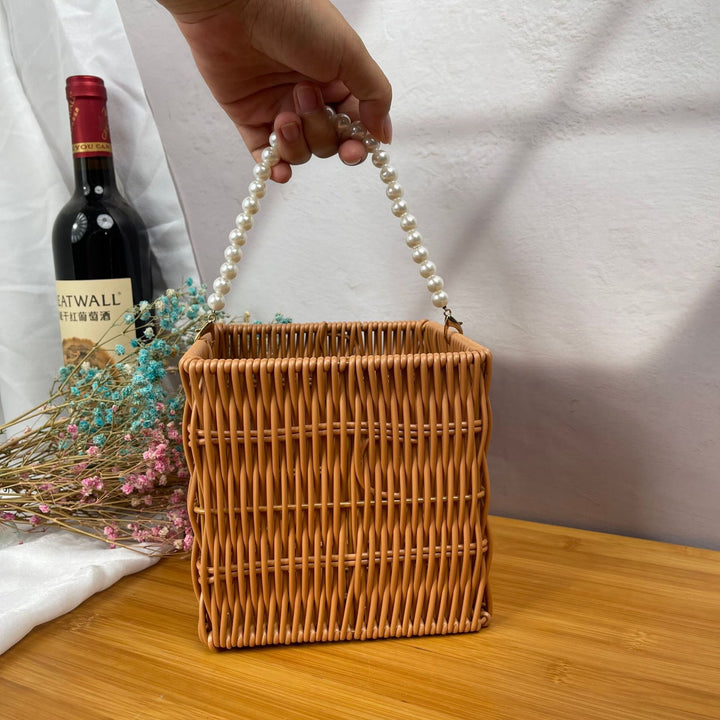 Dame stilige Rattan-beholder med perlehåndtak Luvikno