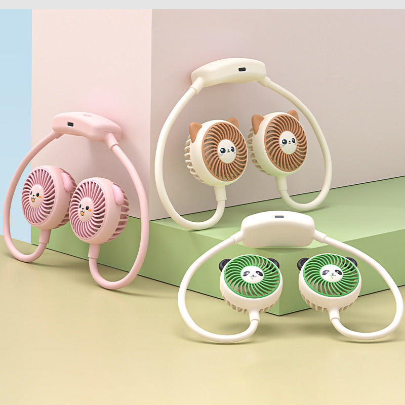 Unisex nan tragbar USB-nakkevifte med to viftehoder i dyremotiv, fleksibel nakkebånd, oppladbar Luvikno