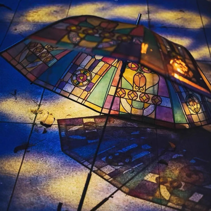 Damer Sammenleggbart paraply med kunstnerisk glassvindu-motiv Luvikno