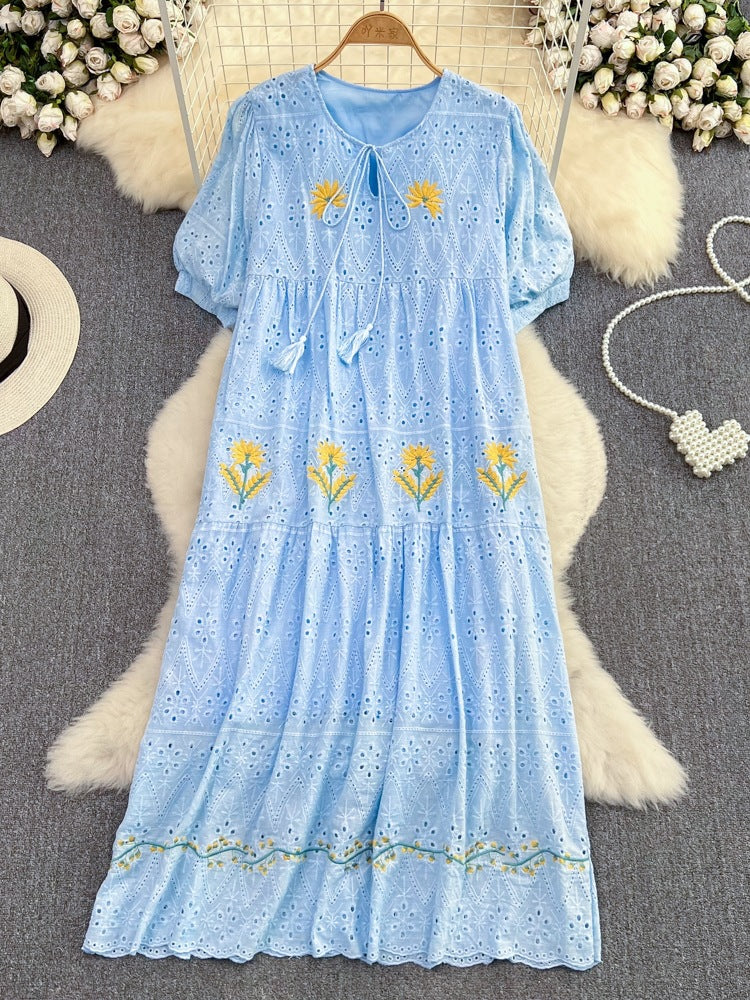 Luvik | Sweet Puff Sleeve Round Neck Dress with Hollow Embroidery