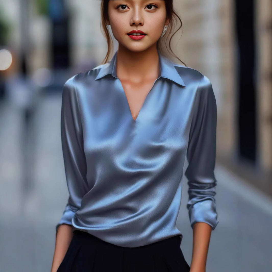 Luvik | Naisten Ylellinen satiinitoppi V-kaula-aukolla ja klassisella kauluksella