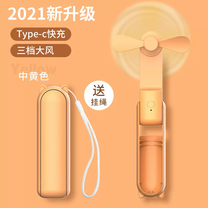 Unisex en størrelse sammenleggbar oppladbar trippel håndholdt mini vifte med innebygd powerbank USB-C og USB-A tilkoblinger samt håndleddsstropp Luvikno