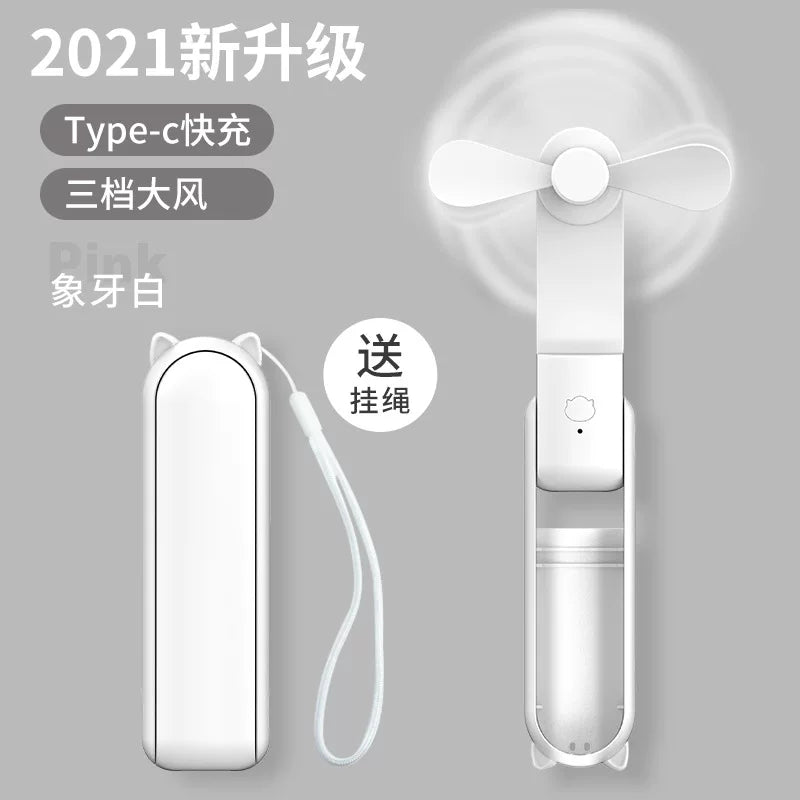 Unisex en størrelse sammenleggbar oppladbar trippel håndholdt mini vifte med innebygd powerbank USB-C og USB-A tilkoblinger samt håndleddsstropp Luvikno