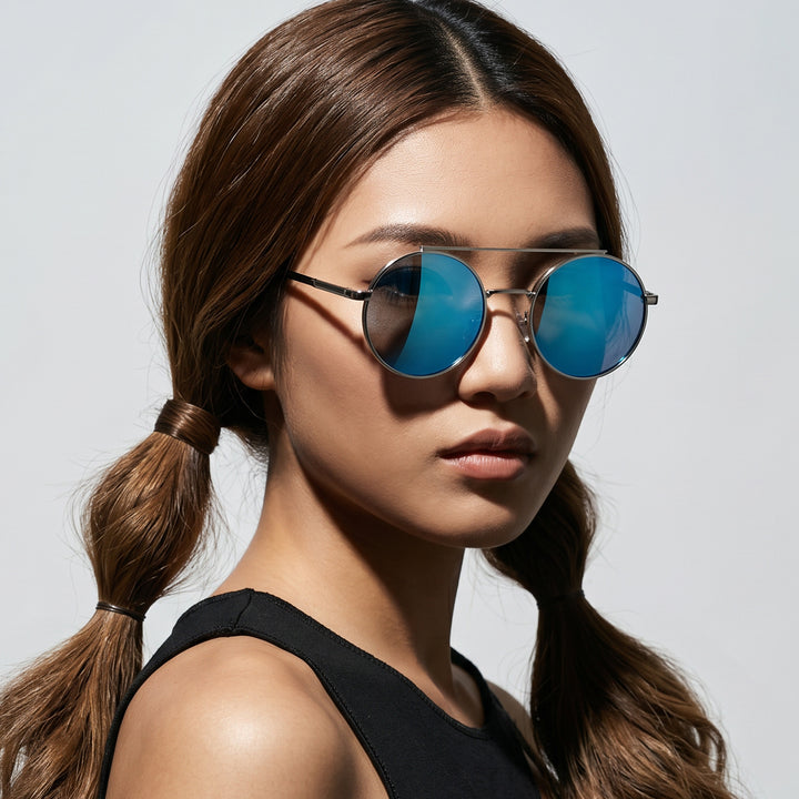 Dame rund solbrille med moteramme Luvikno