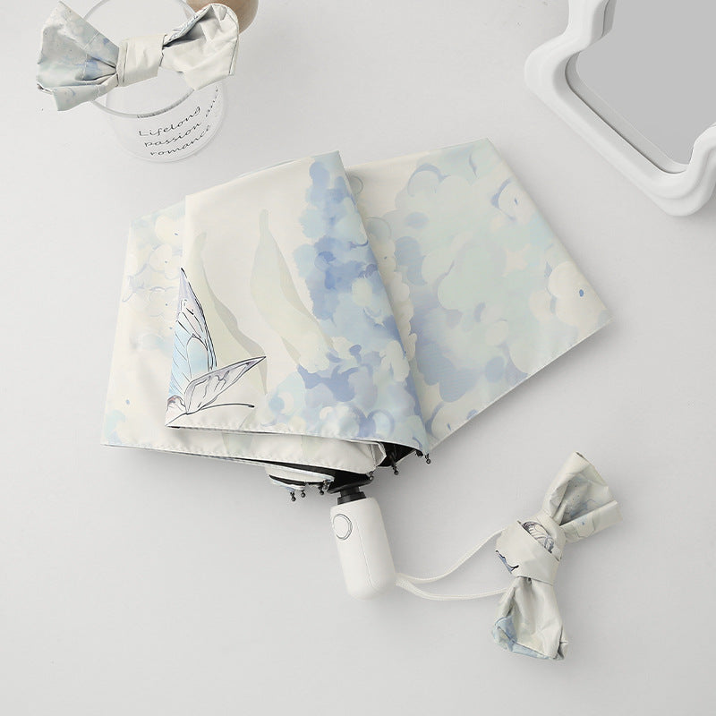 Damer Automatisk Folderegng paraply med kunstnerisk sommerfugl design Luvikno