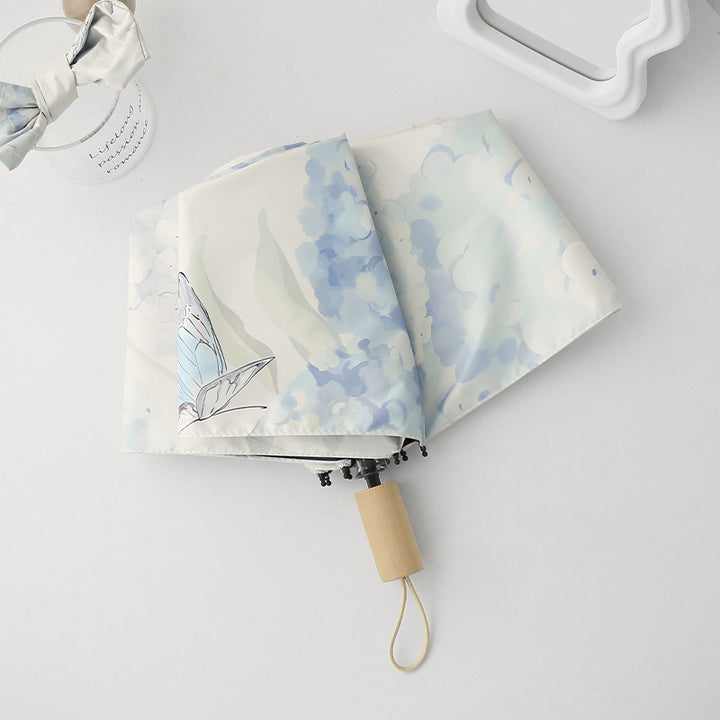 Damer Automatisk Folderegng paraply med kunstnerisk sommerfugl design Luvikno