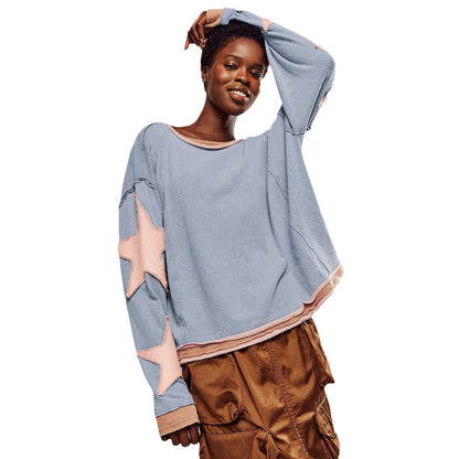 Naisten rento collegepaita raidoitettua muotoilua ja tähtisovelluksia Luvik