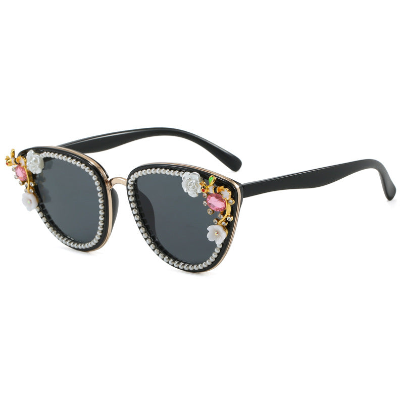 Dame Glamourøse Cat-Eye Solbriller med florale dekorasjoner Luvikno