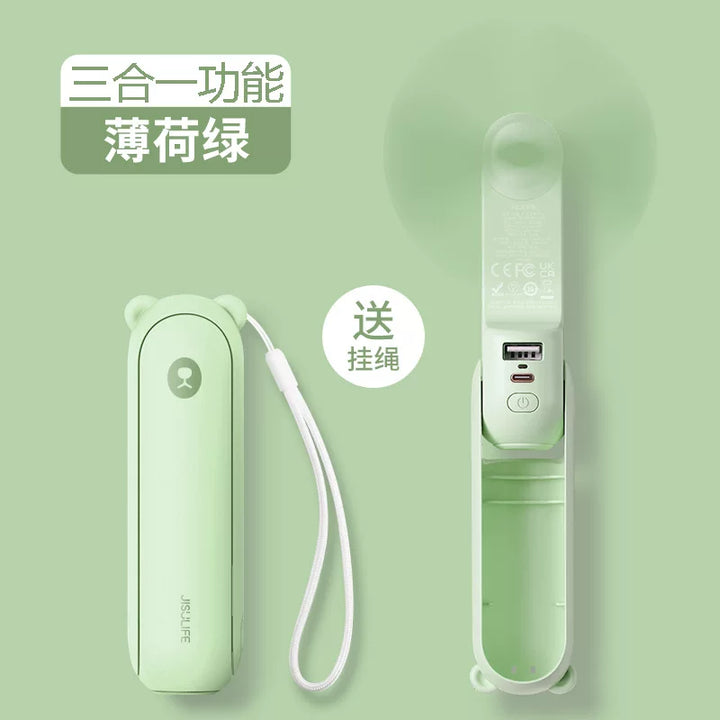 Unisex en størrelse sammenleggbar oppladbar trippel håndholdt mini vifte med innebygd powerbank USB-C og USB-A tilkoblinger samt håndleddsstropp Luvikno