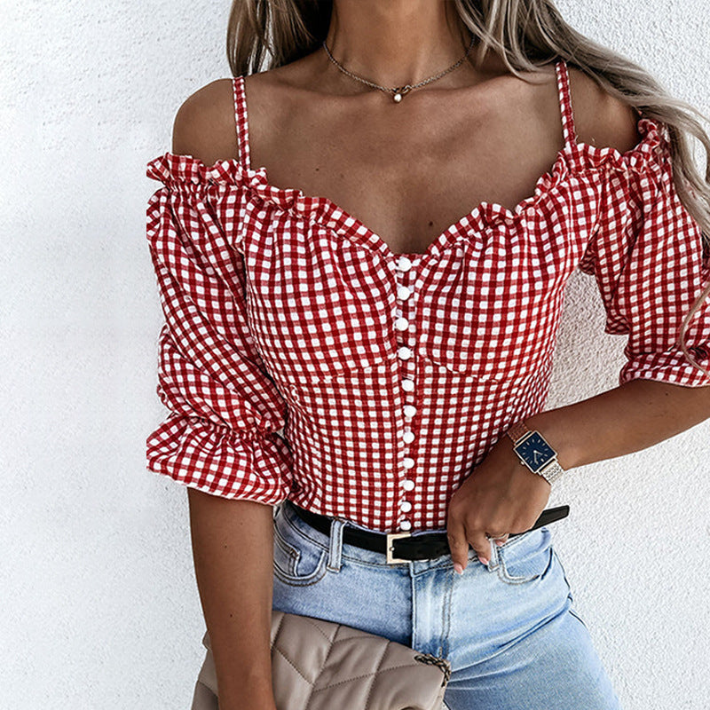 Naisten Off-Shoulder Paita, jossa Rypytys yksityiskohtia ja Ruudullinen kuvio Luvik