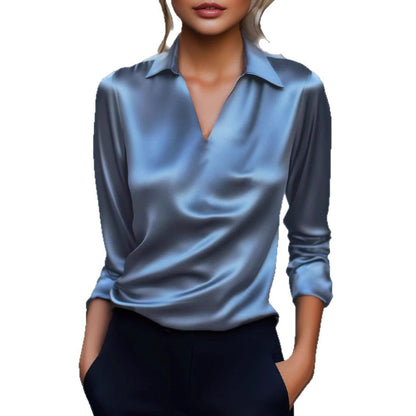 Luvik | Naisten Ylellinen satiinitoppi V-kaula-aukolla ja klassisella kauluksella