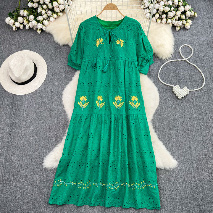 Luvik | Sweet Puff Sleeve Round Neck Dress with Hollow Embroidery