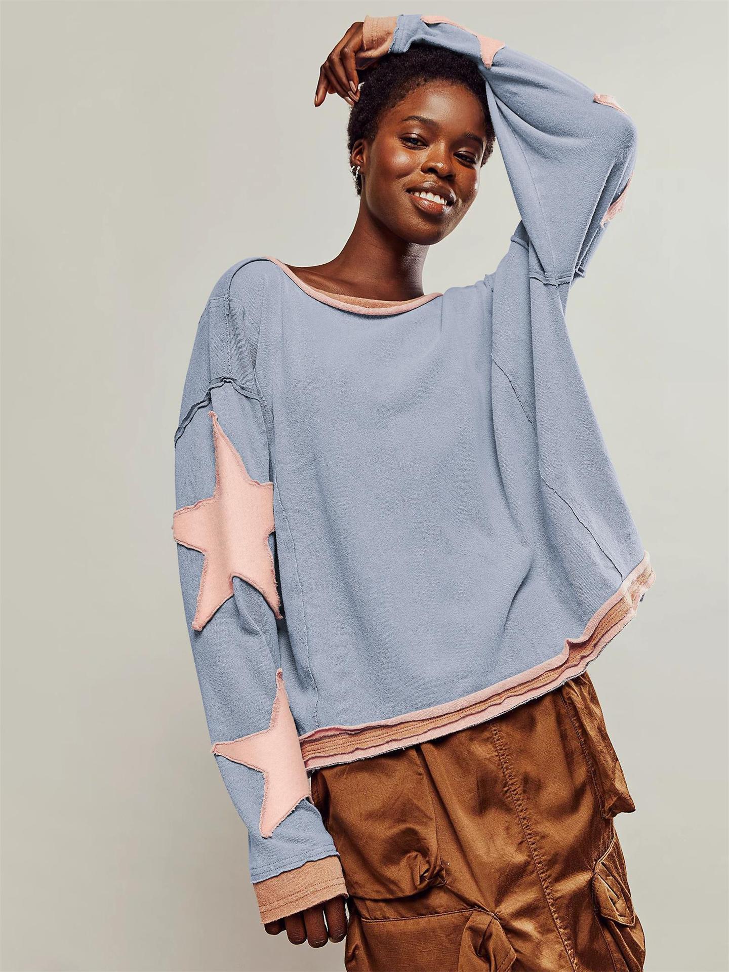 Naisten rento collegepaita raidoitettua muotoilua ja tähtisovelluksia Luvik