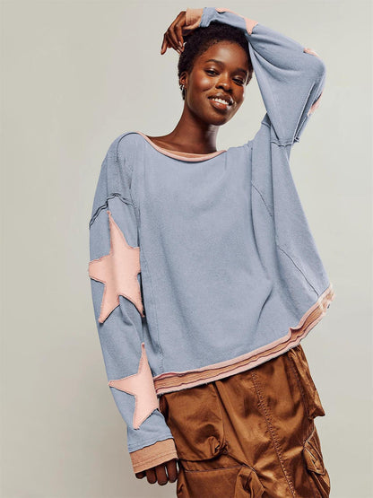 Naisten rento collegepaita raidoitettua muotoilua ja tähtisovelluksia Luvik