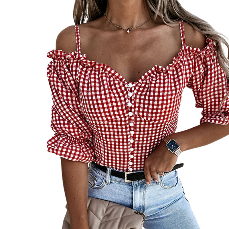 Naisten Off-Shoulder Paita, jossa Rypytys yksityiskohtia ja Ruudullinen kuvio Luvik