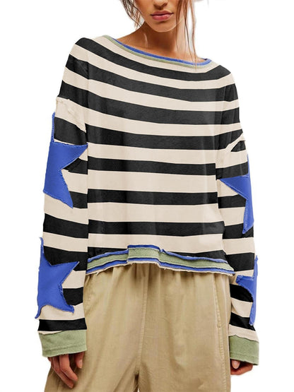 Naisten rento collegepaita raidoitettua muotoilua ja tähtisovelluksia Luvik