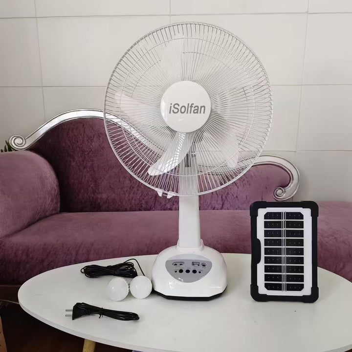 Kvinnelig bærbar solcellestående vifte med LED-belysning og integrert USB-tilkobling Skanto