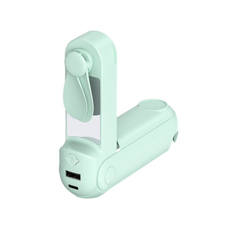 Unisex nan sammenleggbar håndholdt vifte med innebygd USB power bank og kompakt speil Luvikno