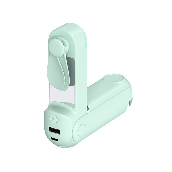 Unisex nan sammenleggbar håndholdt vifte med innebygd USB power bank og kompakt speil Luvikno