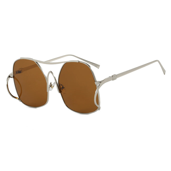 Dame geometrisk solbrille med smal metallramme og brune glass Luvikno