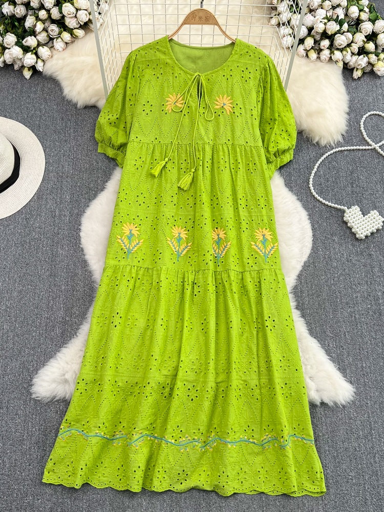 Luvik | Sweet Puff Sleeve Round Neck Dress with Hollow Embroidery