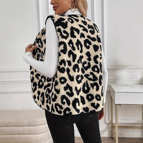 Luvik | Dame Myk Syntetisk Pels Vest med Leopardskrift