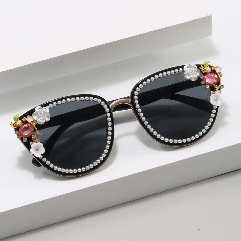 Dame Glamourøse Cat-Eye Solbriller med florale dekorasjoner Luvikno