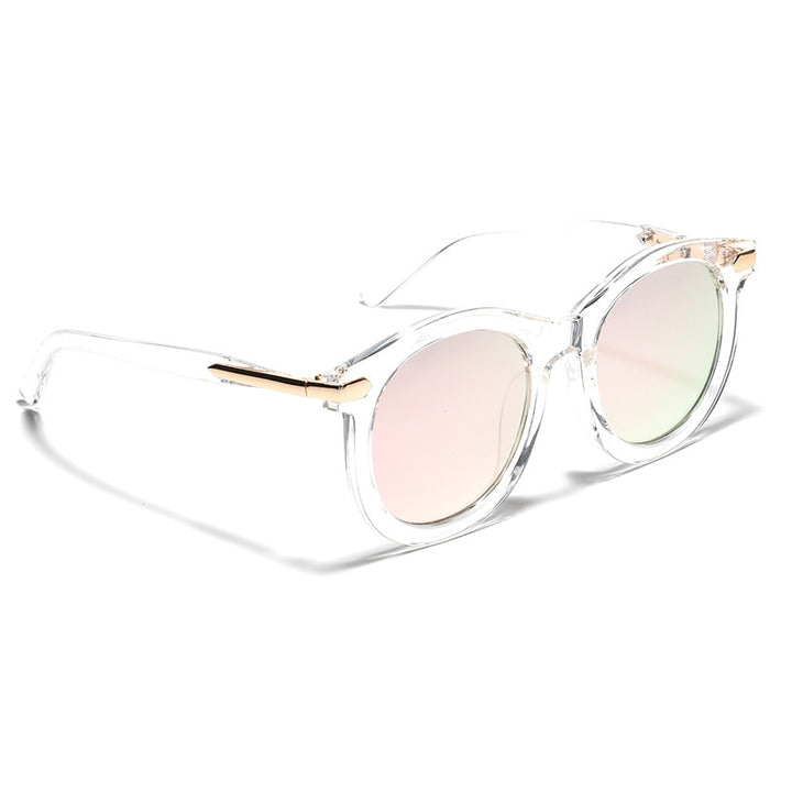 Dame moteriktig solbrille med gjennomsiktig ramme og gull accenter Luvikno