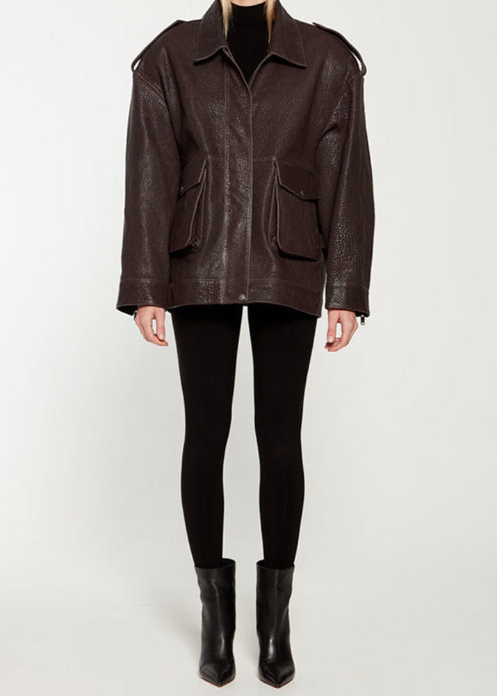 Luvik | Edge - Tummanruskea nahkatakki käyttötaskuilla