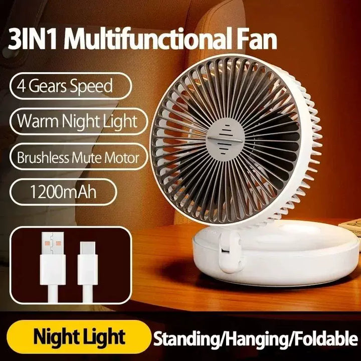Unisex en størrelse kompakt sammenleggbart oppladbart USB Type C skrivebordsvifte med justerbar tilt-vinkel og innebygget LED-nattlampe Luvikno