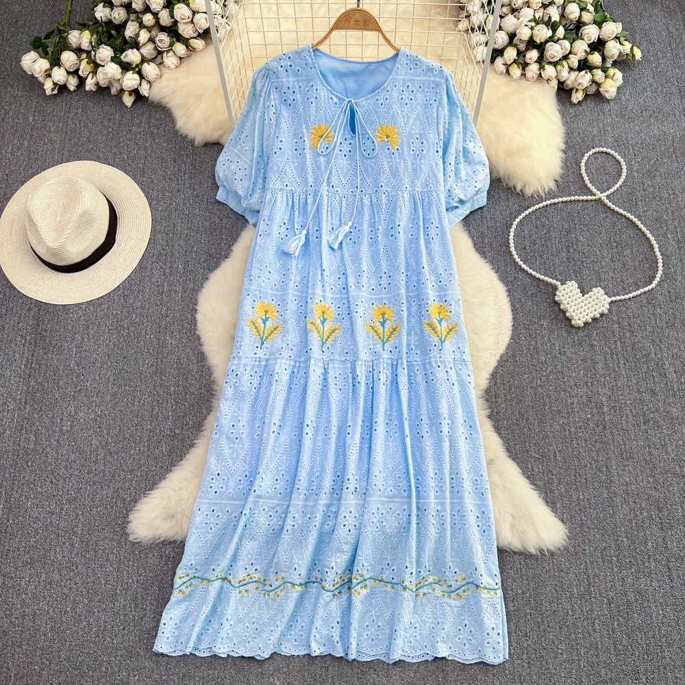 Luvik | Sweet Puff Sleeve Round Neck Dress with Hollow Embroidery