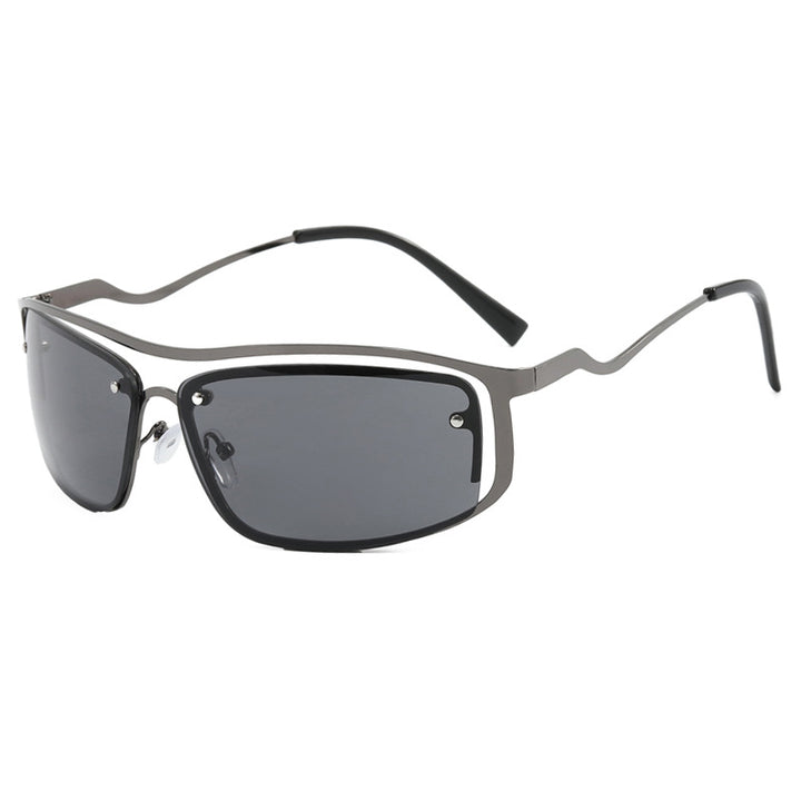 Damer futuristisk solbrille med elegant metallramme og høye transparente glass Luvikno