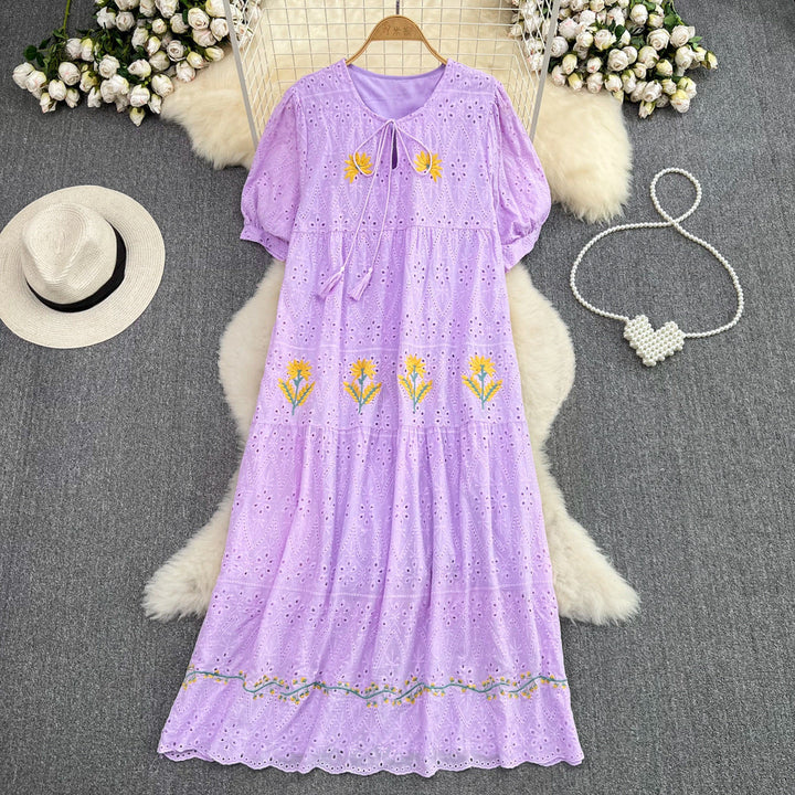 Luvik | Sweet Puff Sleeve Round Neck Dress with Hollow Embroidery