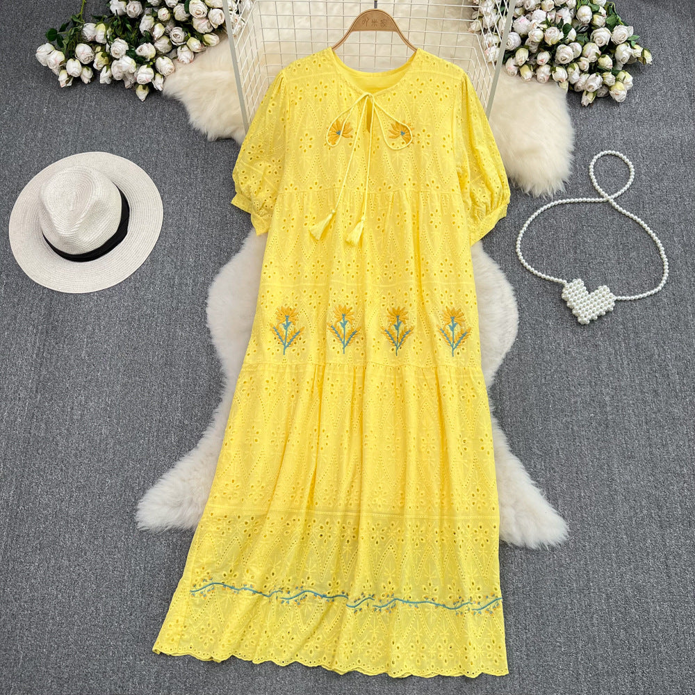 Luvik | Sweet Puff Sleeve Round Neck Dress with Hollow Embroidery