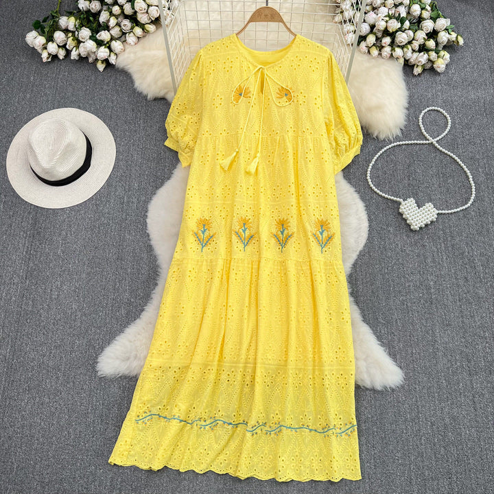 Luvik | Sweet Puff Sleeve Round Neck Dress with Hollow Embroidery