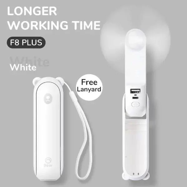 Unisex standard størrelse sammenleggbar oppladbar bærbar mini-vifte med integrert USB-powerbank og lanyard Luvikno
