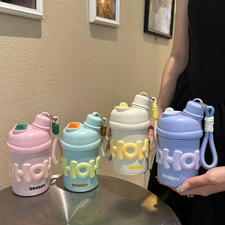 Damen isolierte Wasserflasche mit ergonomischem Tragegriff und fröhlichem Motiv Luvikno