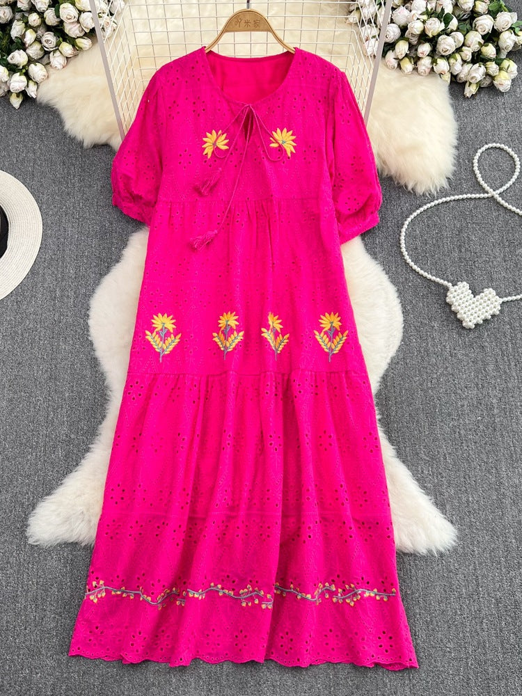 Luvik | Sweet Puff Sleeve Round Neck Dress with Hollow Embroidery