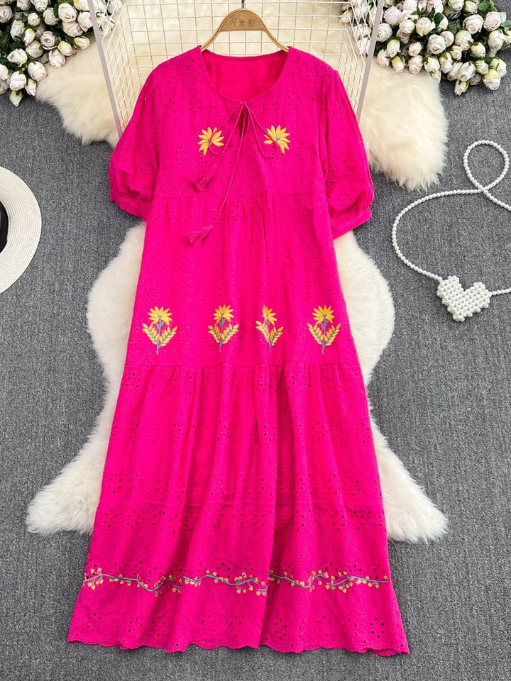 Luvik | Sweet Puff Sleeve Round Neck Dress with Hollow Embroidery